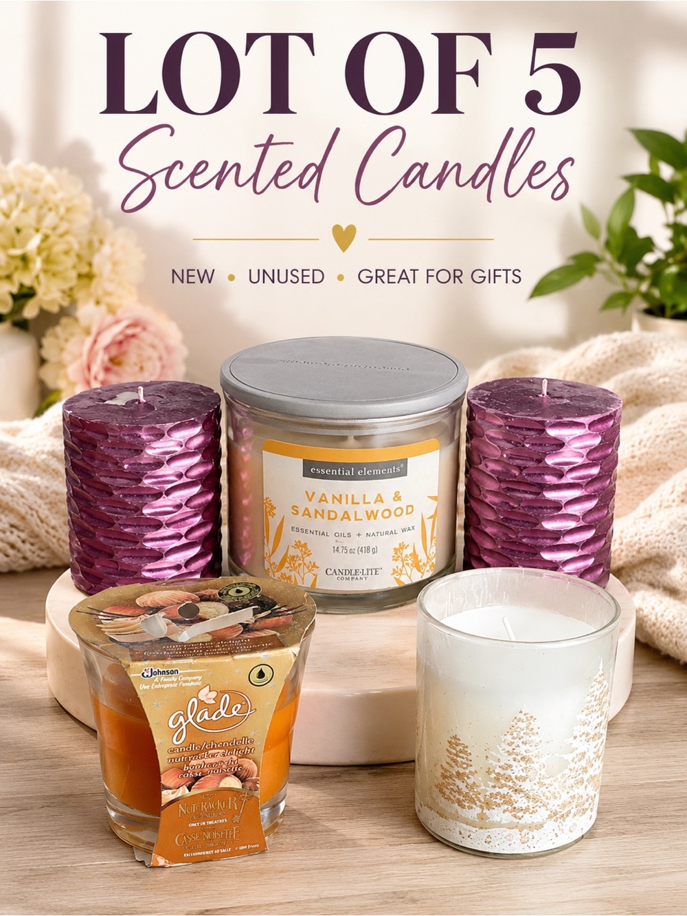 5 Scented Candles Lot Glade Vanilla Sandalwood Holiday Decor Gift Set